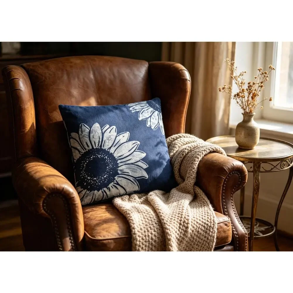 Handmade Botanical Pillow Cover | Indigo Batik Throw Pillow Cover